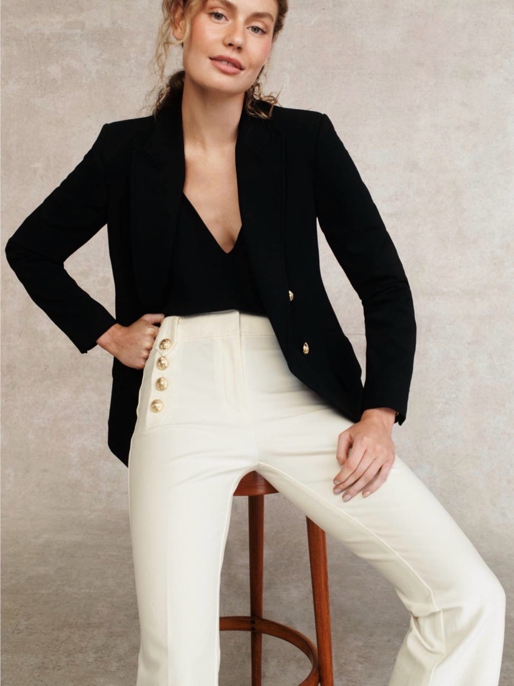10 Crosby Derek Lam Cream High-Rise Flare Pants with Gold Buttons